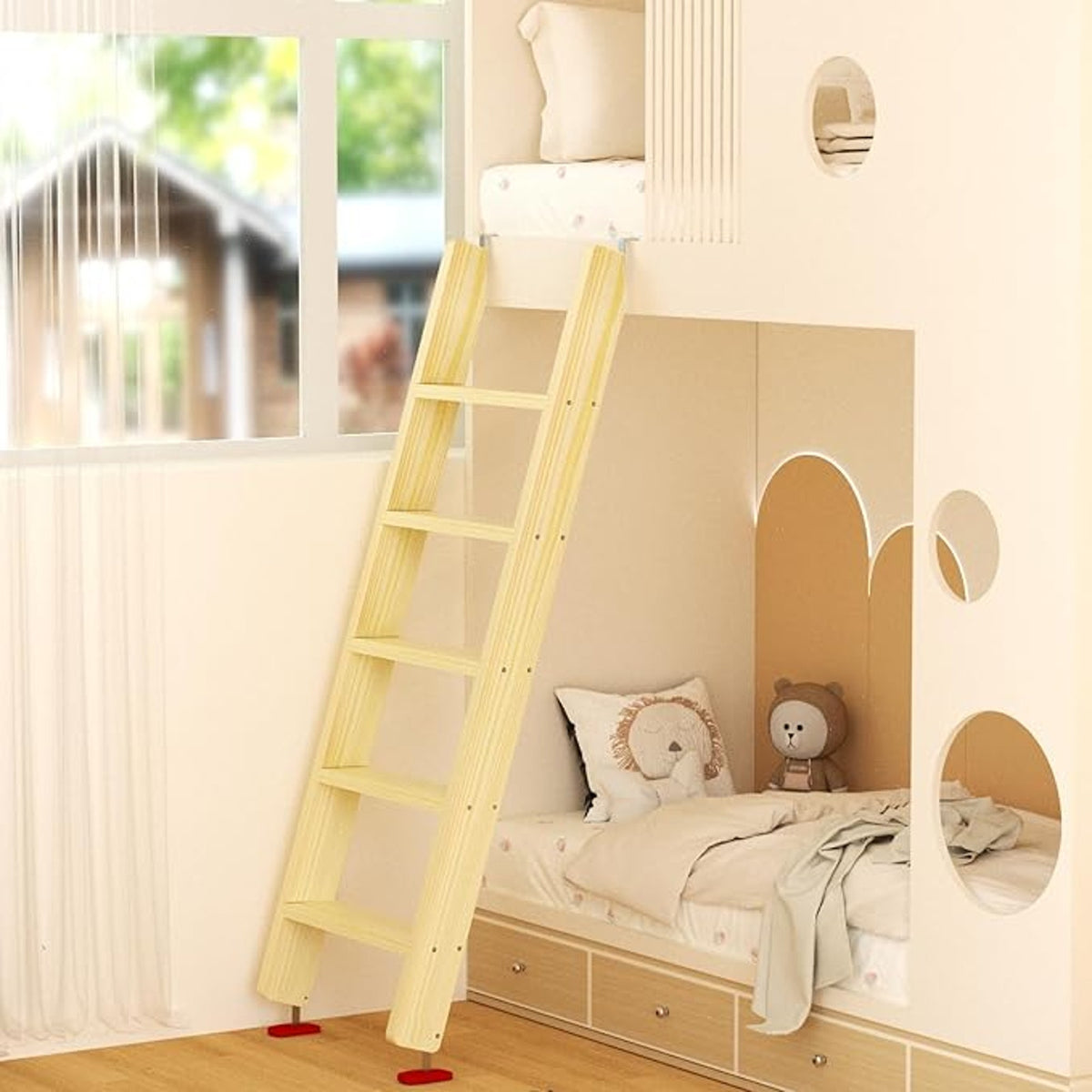 Wood Bunk Bed Ladder, Lofted with 4in Extra Wide Steps & Non-Slip Pads, Wood Color, 55in /140cm