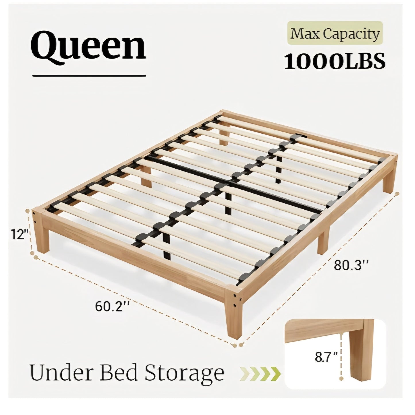 Queen Bed Frame, 12 Inch Solid Wood Platform Bed with Wooden Slats