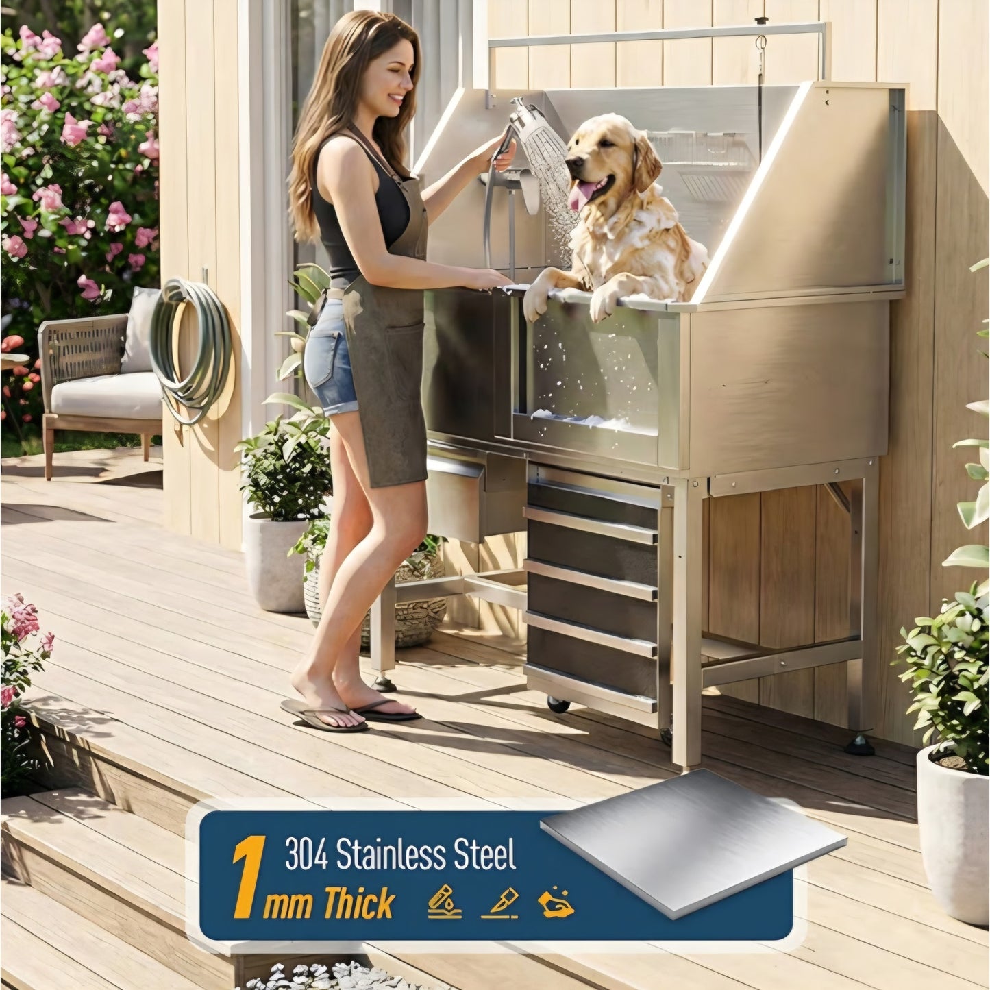 46" Heavy Duty Dog Washing Station - 304 Stainless Steel Pet Bathing Tub with Right Side Ramp