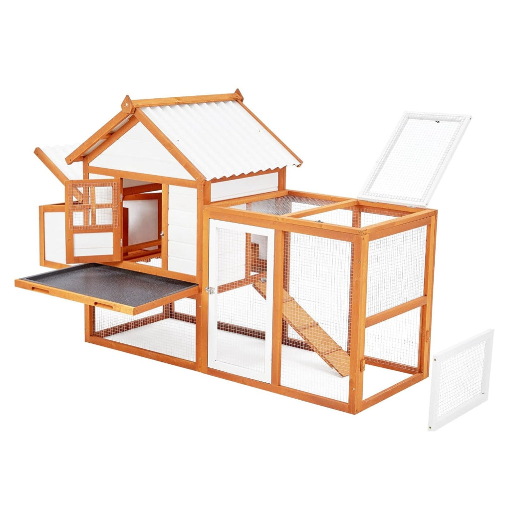 PioneerWorks Outdoor Chicken Coop Wooden Hen House with Run, Poultry Cage w/Ramps, Nesting Box