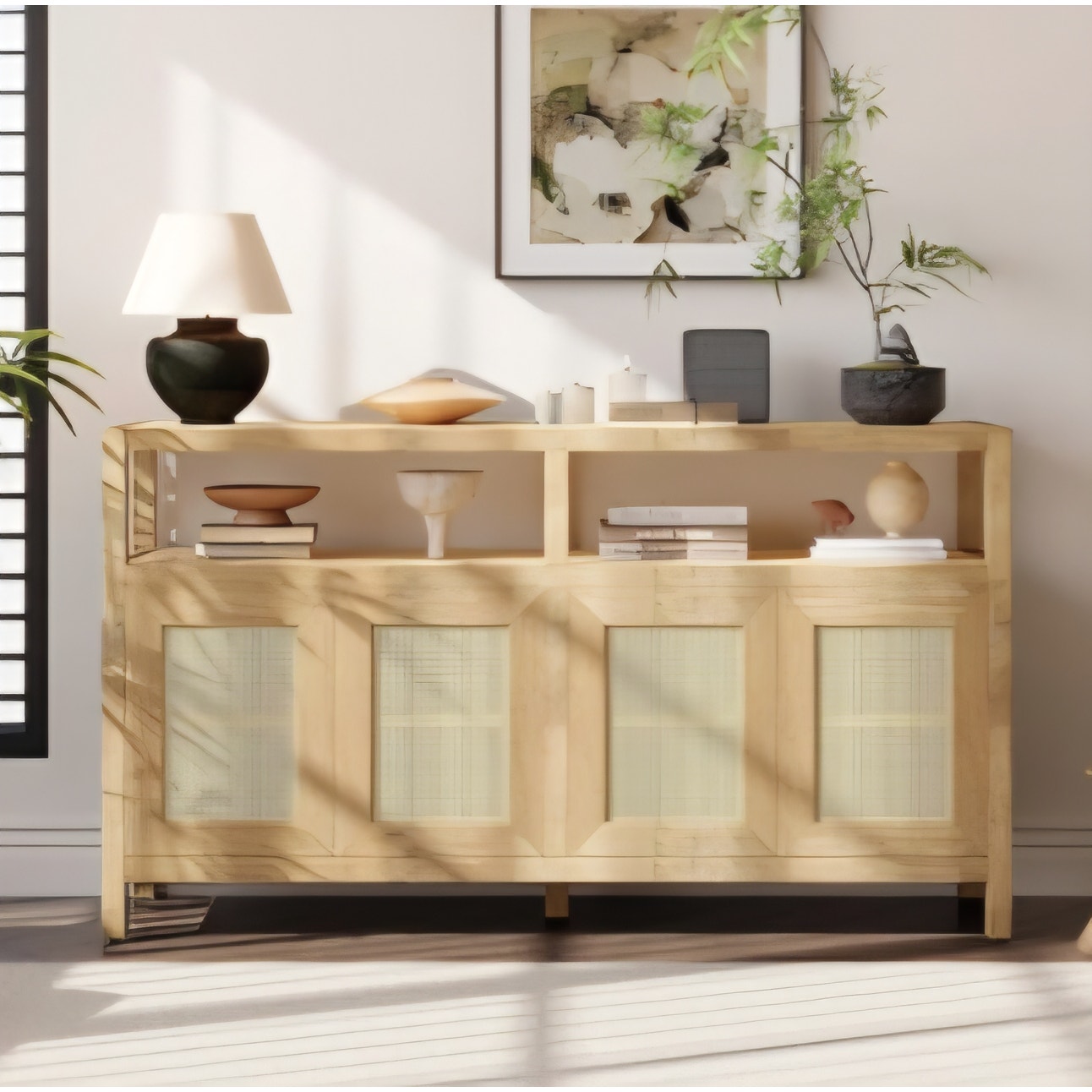 Bohemian Rattan Storage Cabinet with Adjustable Shelves