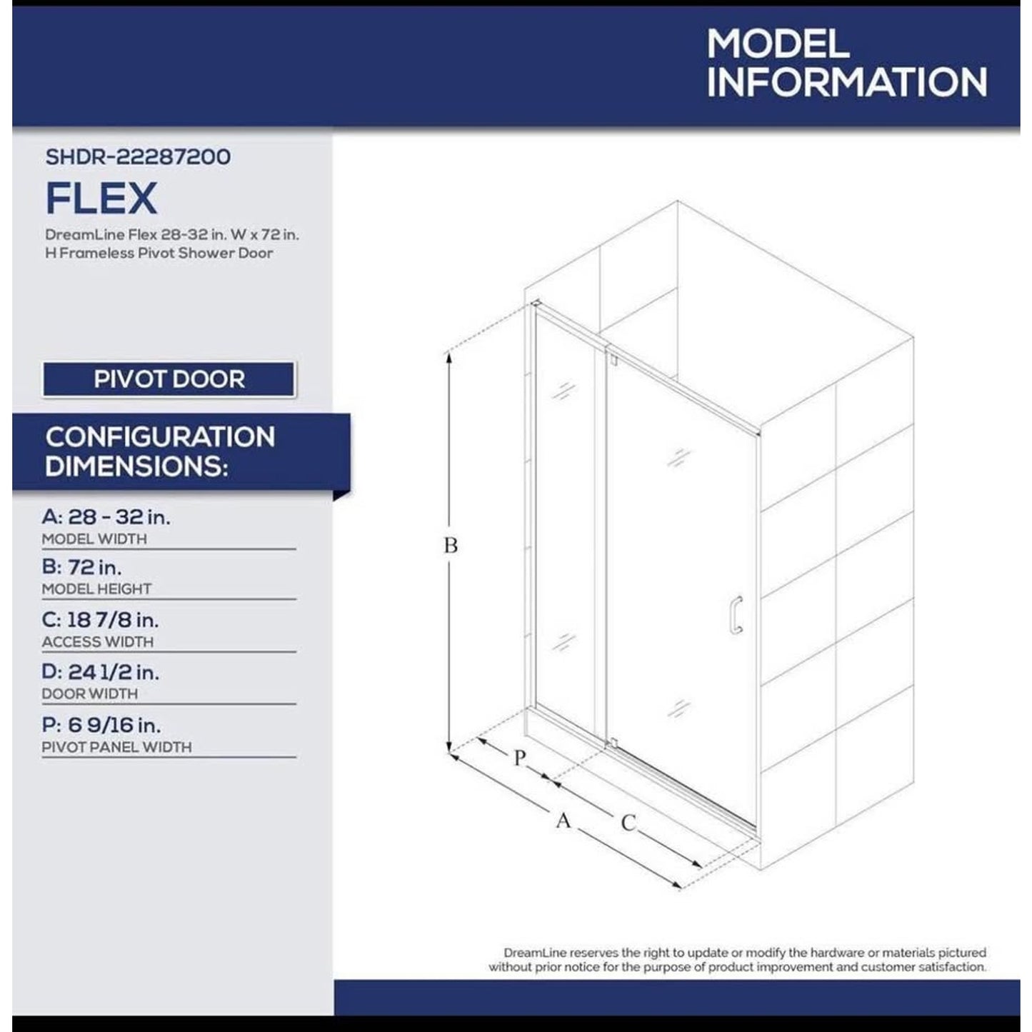 DreamLine SHDR-[hidden information] Flex Semi-Frameless Pivot Shower Door, 28-32 in Width x 72 in He