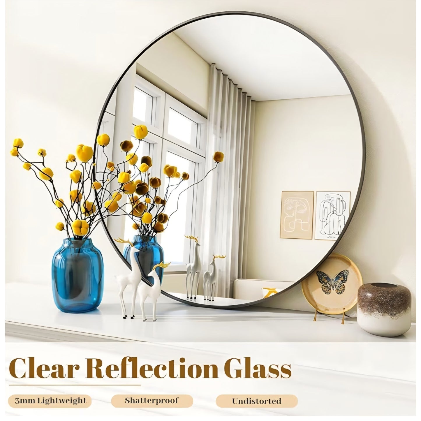 VooBang Large Black Round Bathroom Mirror, 45 inch Circle Wall Mounted Hanging