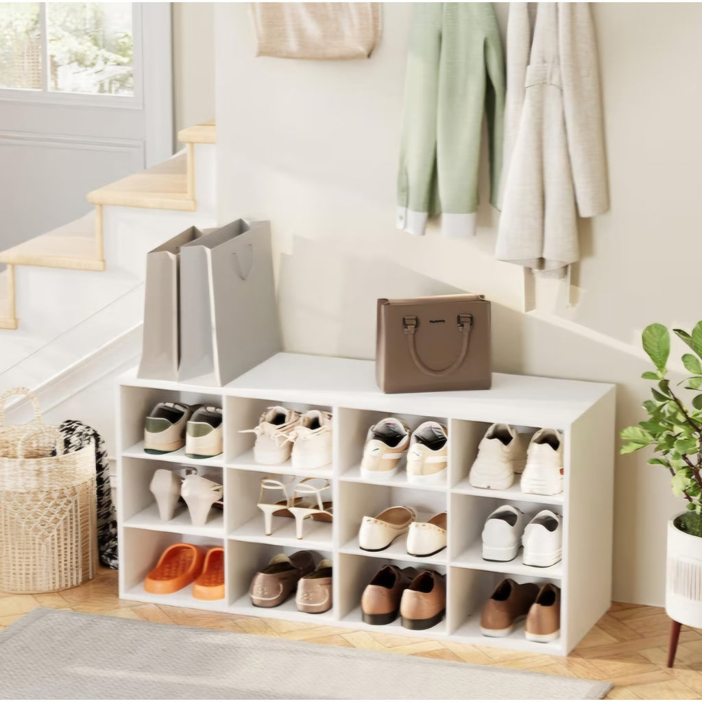 12-Cubby Shoe Rack, 3-Tier Wood Shoe Organizer, Multifunctional Shoe Organizer Bench for Entryway