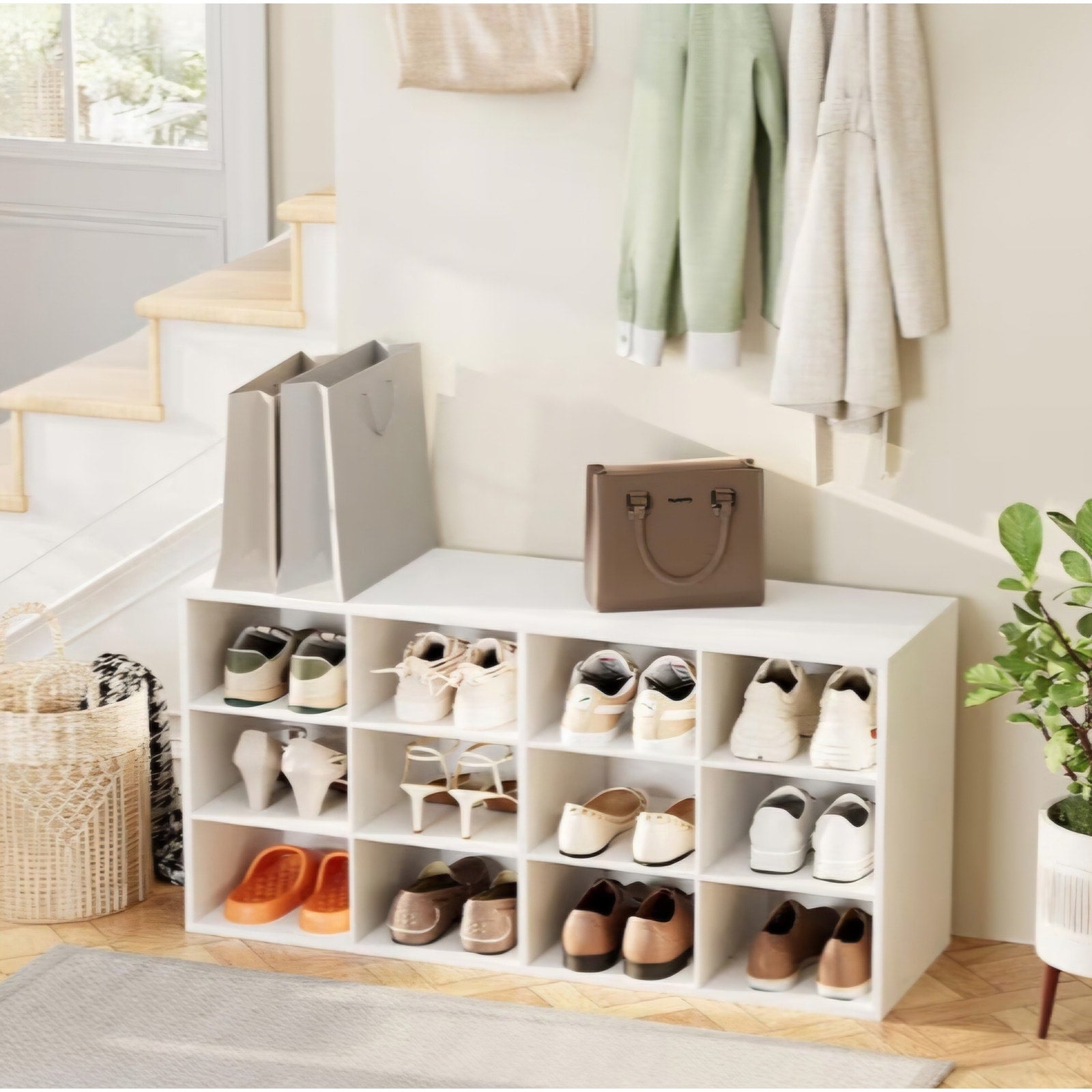 12-Cubby Shoe Rack, 3-Tier Wood Shoe Organizer, Multifunctional Shoe Organizer Bench for Entryway