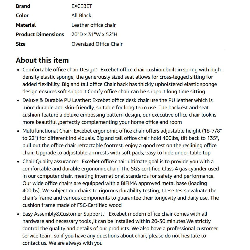 Big and Tall Office Chair with Footrest,PU Leather High Back Executive Office Chair 400lb(All Black