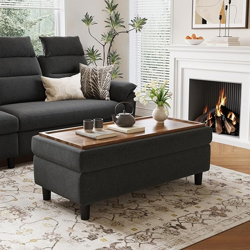 LINSY HOME 46 Inches Wide Storage Ottoman Bench, Linen Coffee Table Long Shoes Bench, Dark Gray