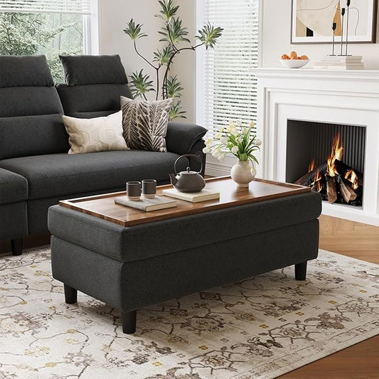 LINSY HOME 46 Inches Wide Storage Ottoman Bench, Linen Coffee Table Long Shoes Bench, Dark Gray