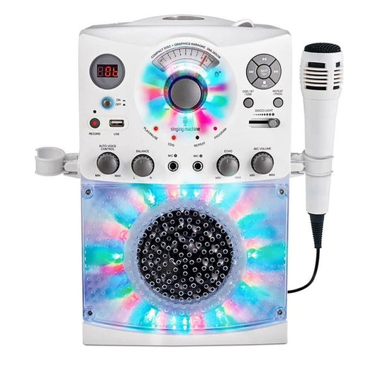 Singing Machine Portable Karaoke Machine for Adults & Kids with Wired Microphone, White - Built-In S