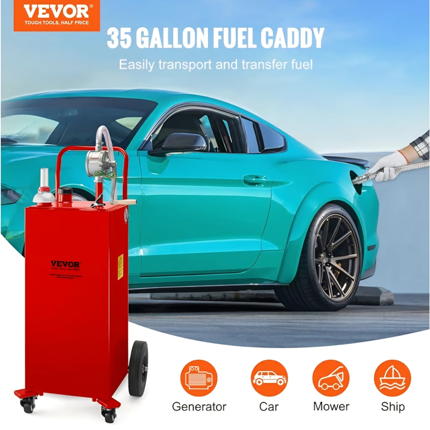 Fuel Caddy 35 Gallon, Gas Storage Tank on 4 Wheels, with Manual Transfer Pump, Gasoline Diesel