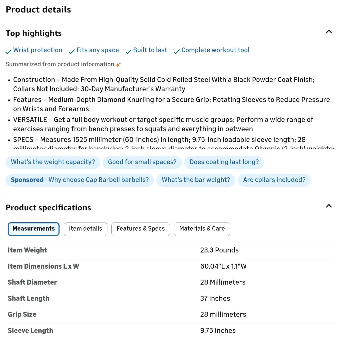 CAP Barbell 2-Inch Olympic Barbell Bars | 5 ft, 6 ft, & 7 ft