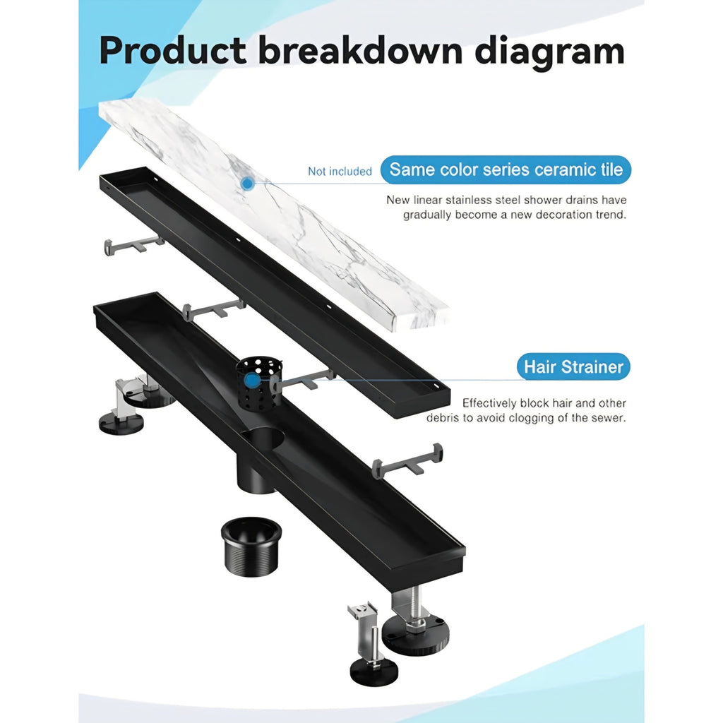 Linear Shower Drain, 54 Inch Black Shower Drain with Removable Tile Insert Grate