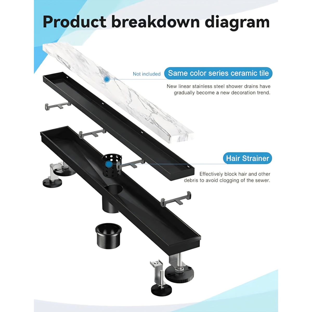 Linear Shower Drain, 54 Inch Black Shower Drain with Removable Tile Insert Grate