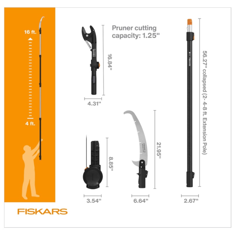 Fiskars 4-16 Ft XtendControl Extendable Pole Saw & Tree Pruner Modular Set Rotating Pruner Head Piv