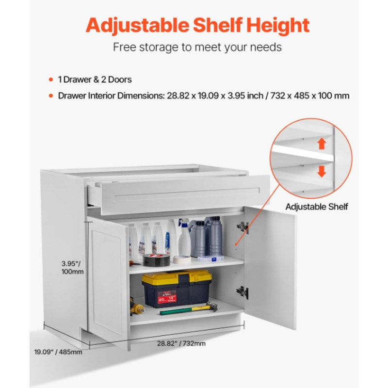 White Shaker Base Cabinet with Drawer 30-Inch Unassembled Drawer 30" W x 24" D x 34.5" H
