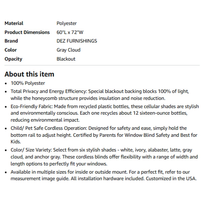 DEZ FURNISHINGS Cordless 1.5" Blackout Cellular Shade, Energy Saver, 72" W x 60" H, Gray Cloud