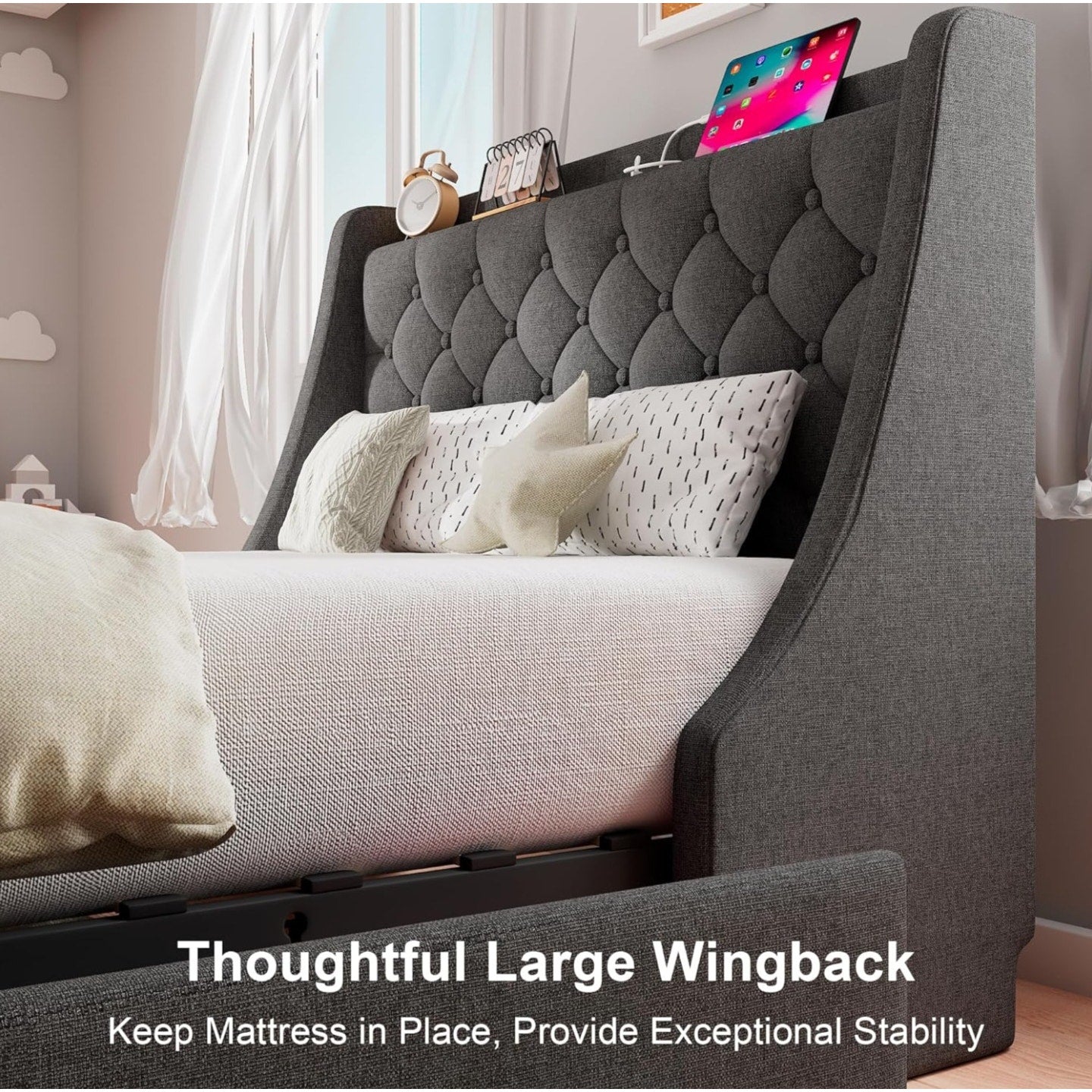 Feonase Twin Bed Frame with 4 Storage Drawers, Upholstered Wingback Headboard, Easy Assembly