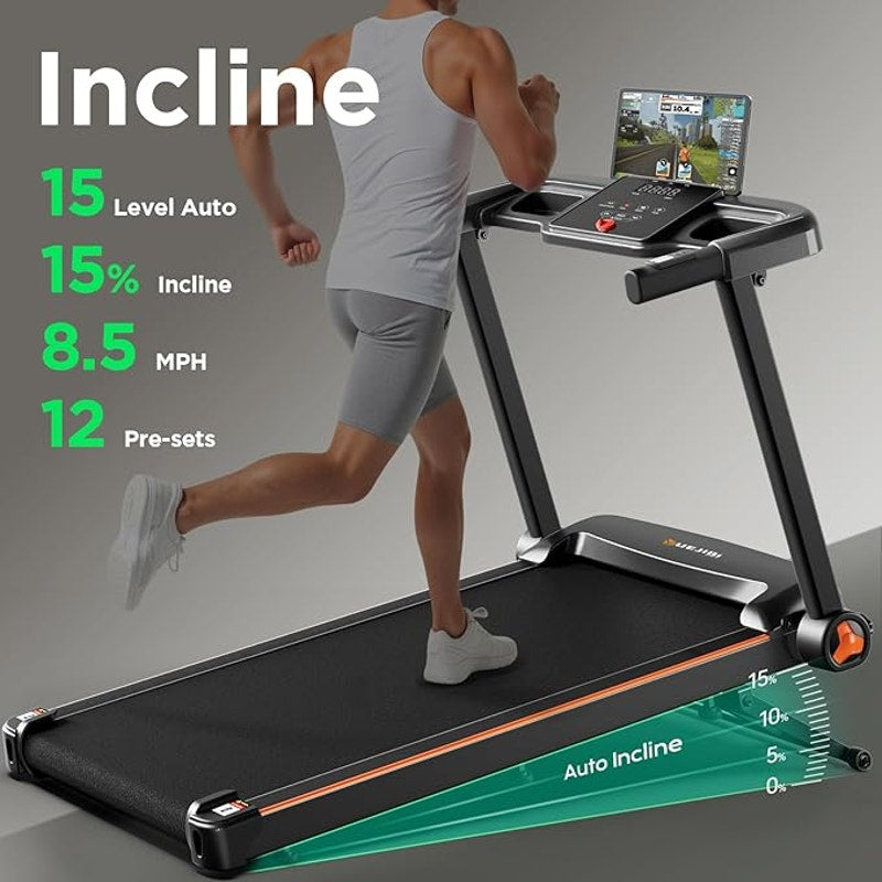 Treadmill with 0-15% Auto Incline, 3.5HP Quiet Brushless Foldable, 300 Lbs Cap.Bluetooth APP, Black