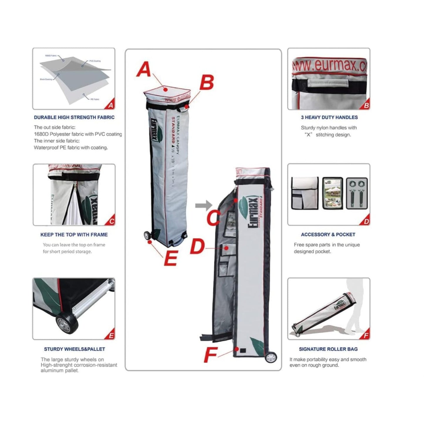 Eurmax USA 10'x20' Pop Up Canopy Tent Commercial Instant Canopies with Heavy Duty Roller Bag,