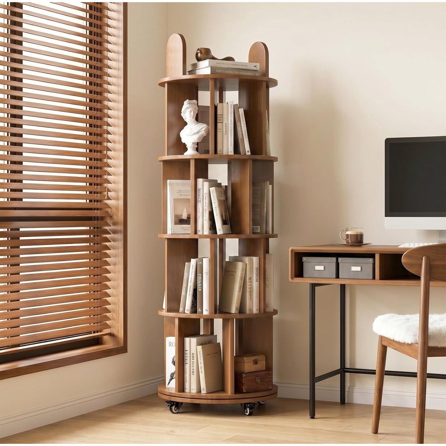Kryonix Rotating Bookshelf, Solid Wood 4 Tier Spinning Book Shelf Tower, 360° Revolving Bookcase