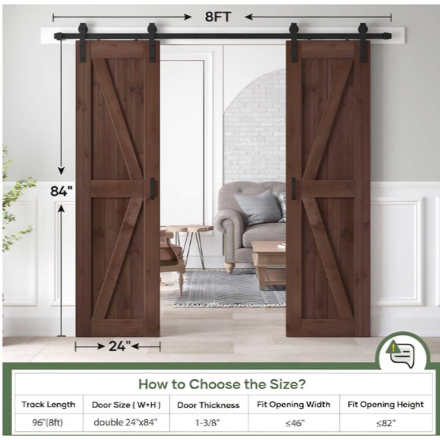 48x84 inch (Double 24×84 inch Door) Sliding Barn Wood Door Slab with 8ft Hardware Kit and Handle