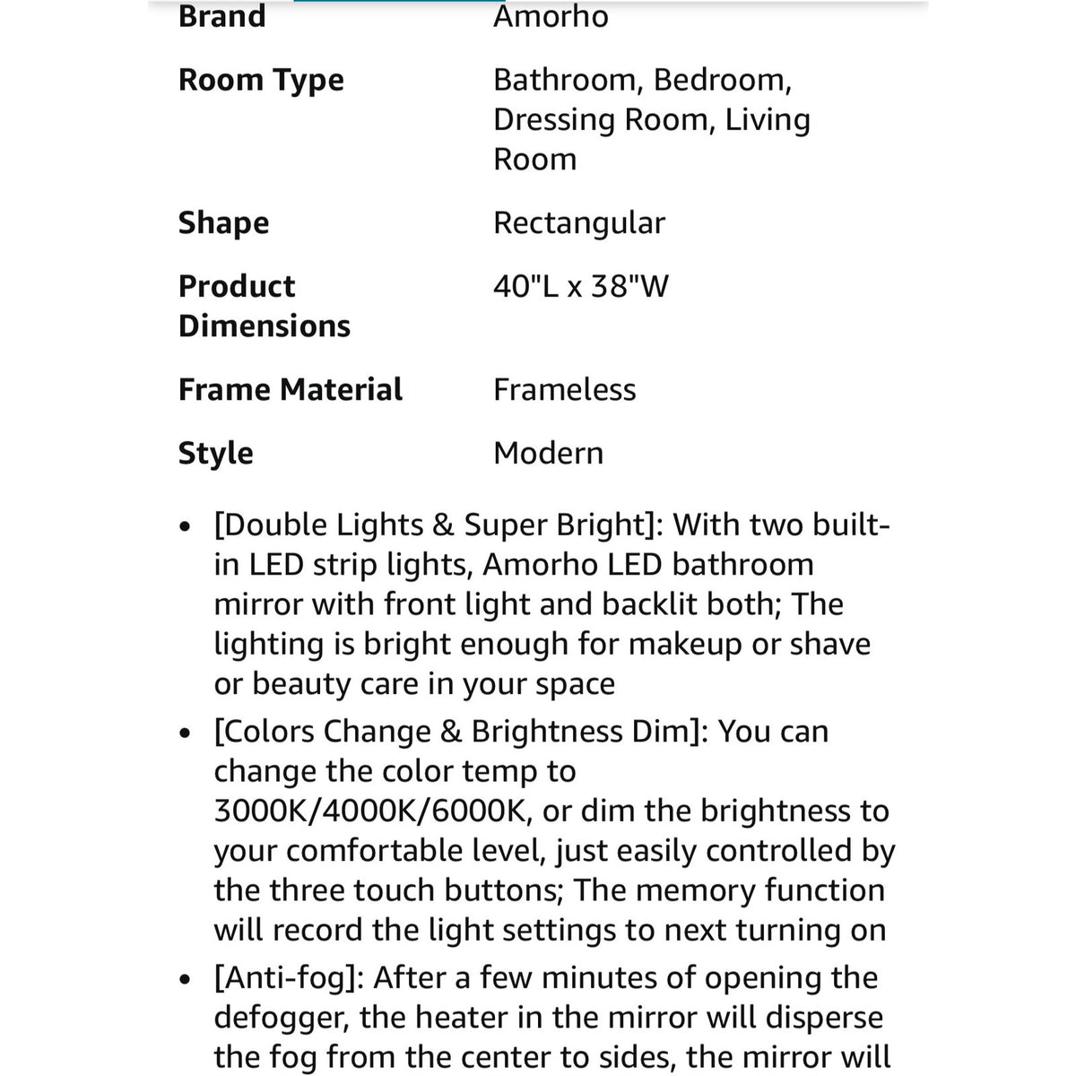 Amorho LED Mirror for Bathroom 40"X38" with Front Light and Backlit