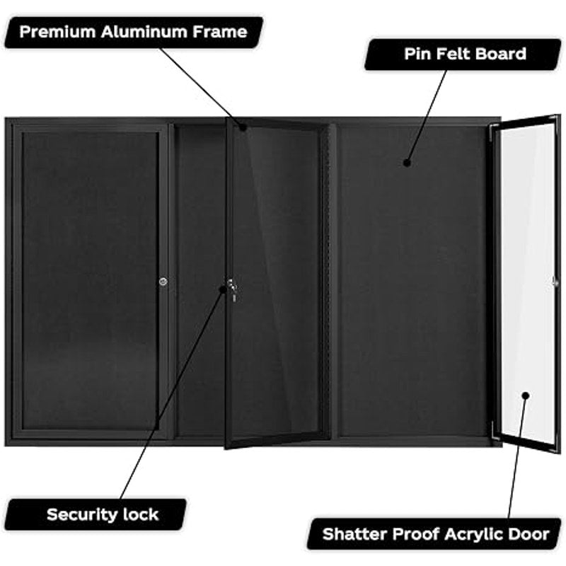 INNOVART Enclosed Bulletin Board 72”x48”, Lockable Fabric Noticeboard, Al Frame, Black Frame & Felt