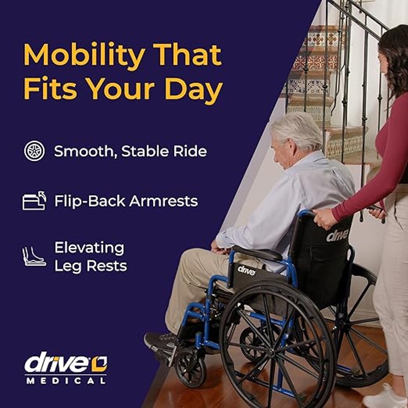 Drive Medical Blue Streak Lightweight Foldable Wheelchair- Padded Comfort- Blue/Black- 18 Inch Seat