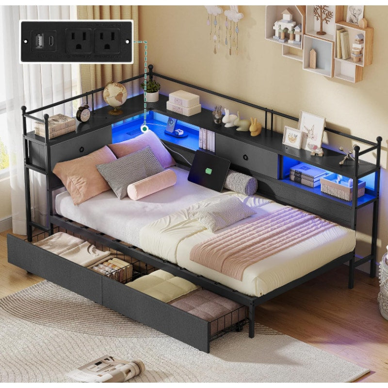 YITAHOME Twin Corner Bed Frame with Bookcase Storage and Led Lights