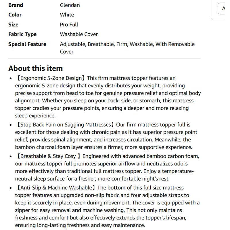 Glendan Firm Mattress Topper Full:3 In High Density Foam for Back Pain, CertiPUR-US Oeko-Tex, 75x54