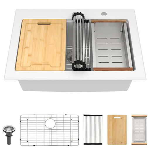 Lordear 30 Granite Composite Kitchen Sink Drop In Workstation 30X22 Inch Quartz White Kitchen Sink