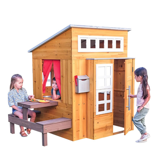 KidKraft Modern Outdoor Wooden Playhouse with Picnic Table, Mailbox and Outdoor Grill ,Gift