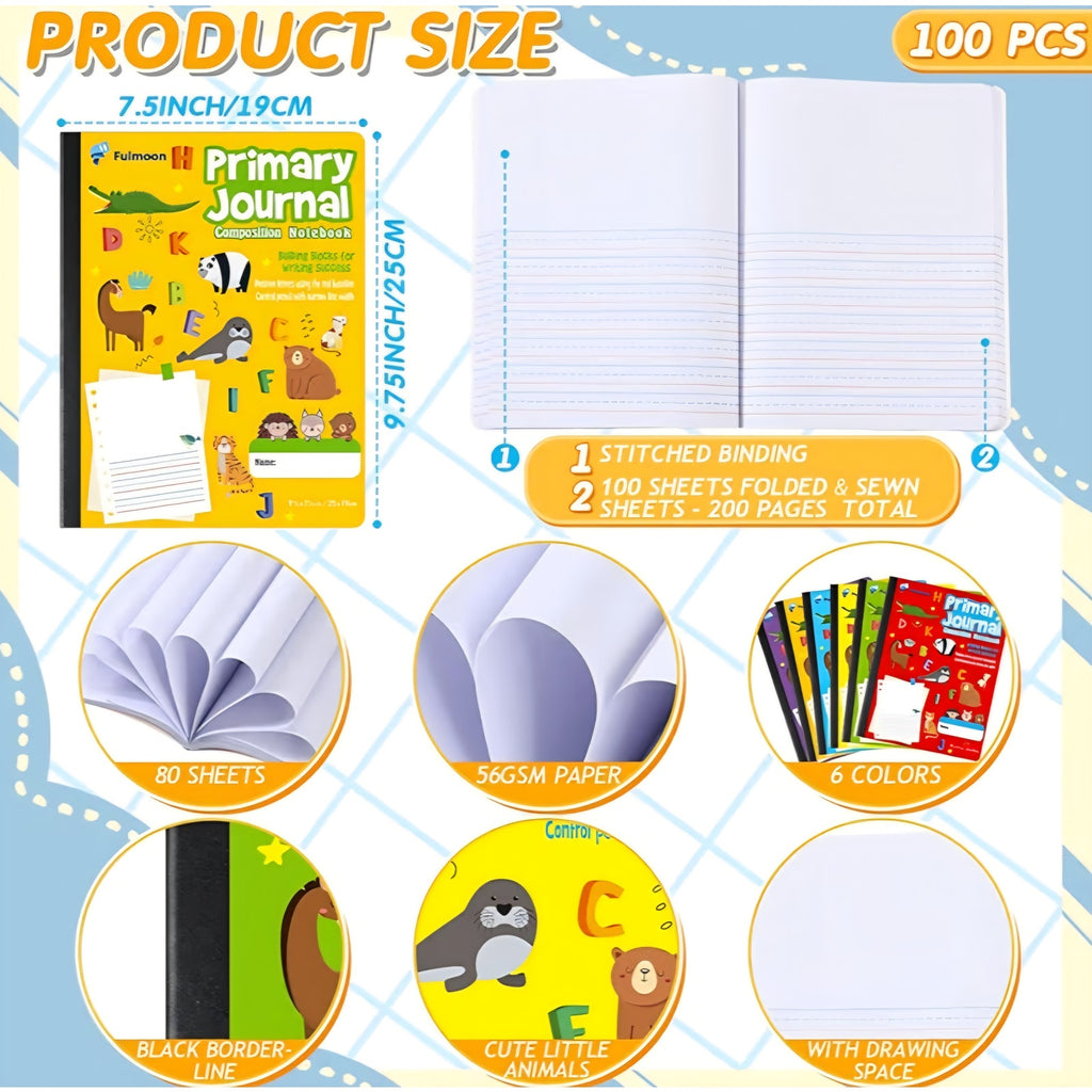 Fulmoon 100 Pcs Primary Composition Notebook K-2 with Picture Space Primary