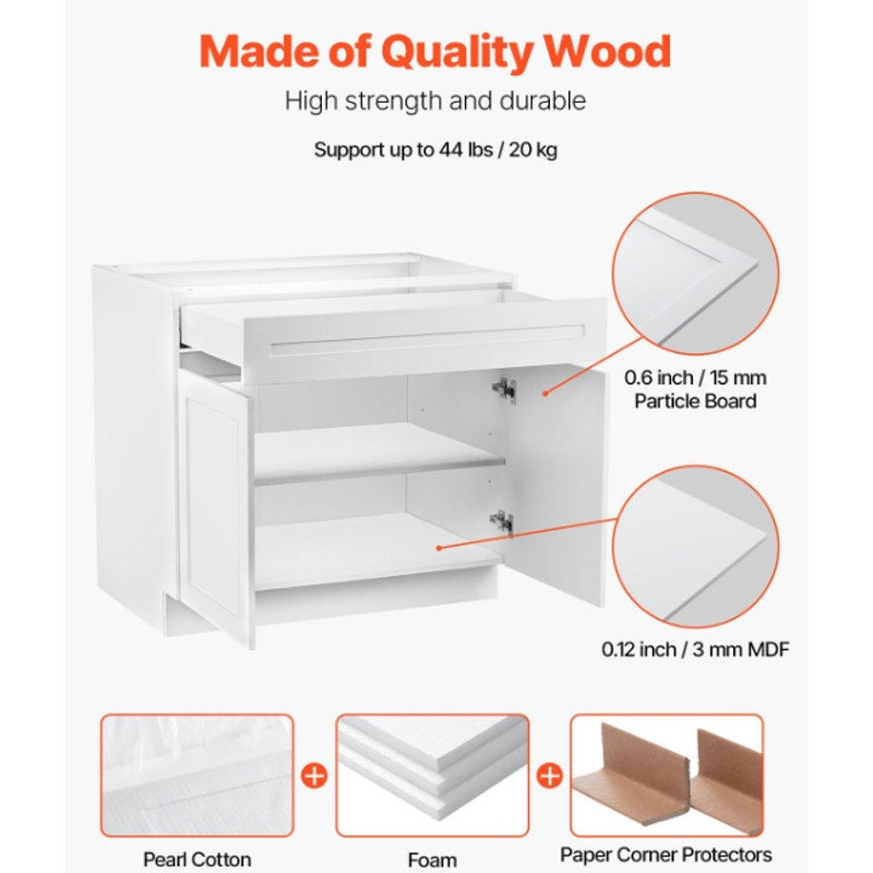 White Shaker Base Cabinet with Drawer 30-Inch Unassembled Drawer 30" W x 24" D x 34.5" H
