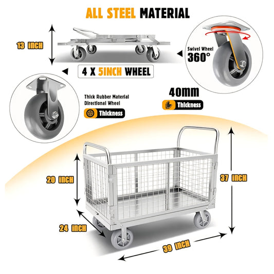 Platform Truck Cart with Cage, Multipurpose 6 in1 Foldable Flatbed Cart Heavy Duty