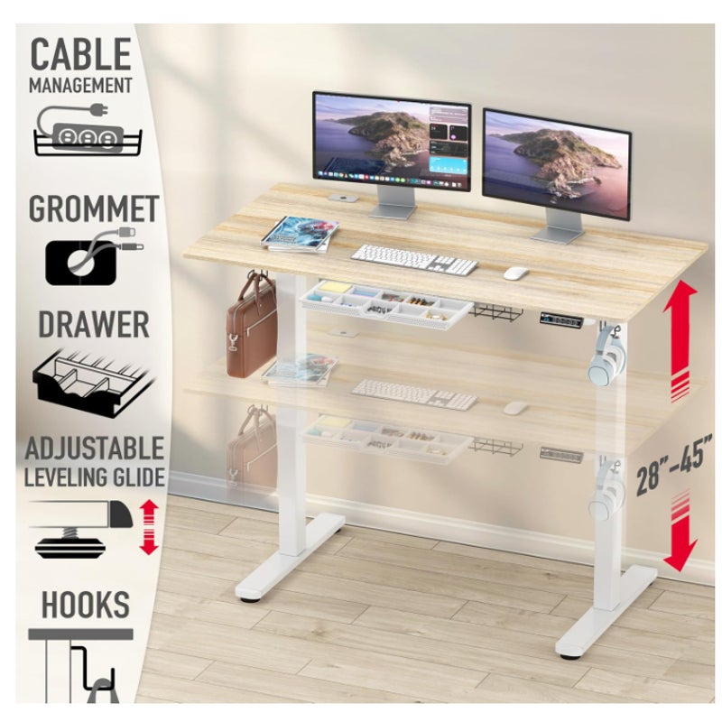SHW 55 x 28 Electric Height Adjustable Standing Desk w/Drawer, Maple w/ Memory Presets
