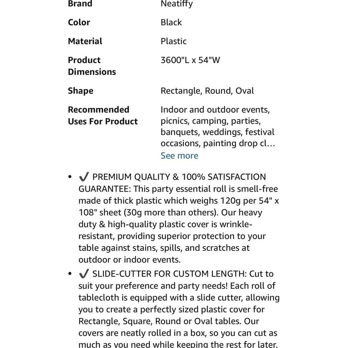 Neatiffy 54 In x 300 Ft - Disposable Plastic Table Cloth Roll With Slide Cutter | Waterproof Table C