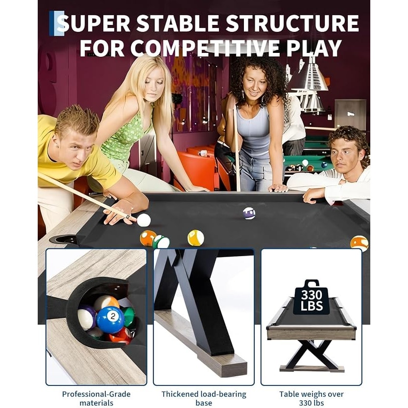 7 FT Prof. Billiard Tablet (2 Cues, 16 Balls, 2 Chalks, Triangle, Brush), 84x46x32 In. Black & Grey