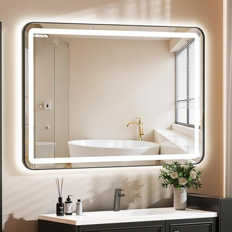60" x 40" LED Bathroom Mirror with Backlit & Frontlit, Dimmable 3-Color Lights, Black Frame