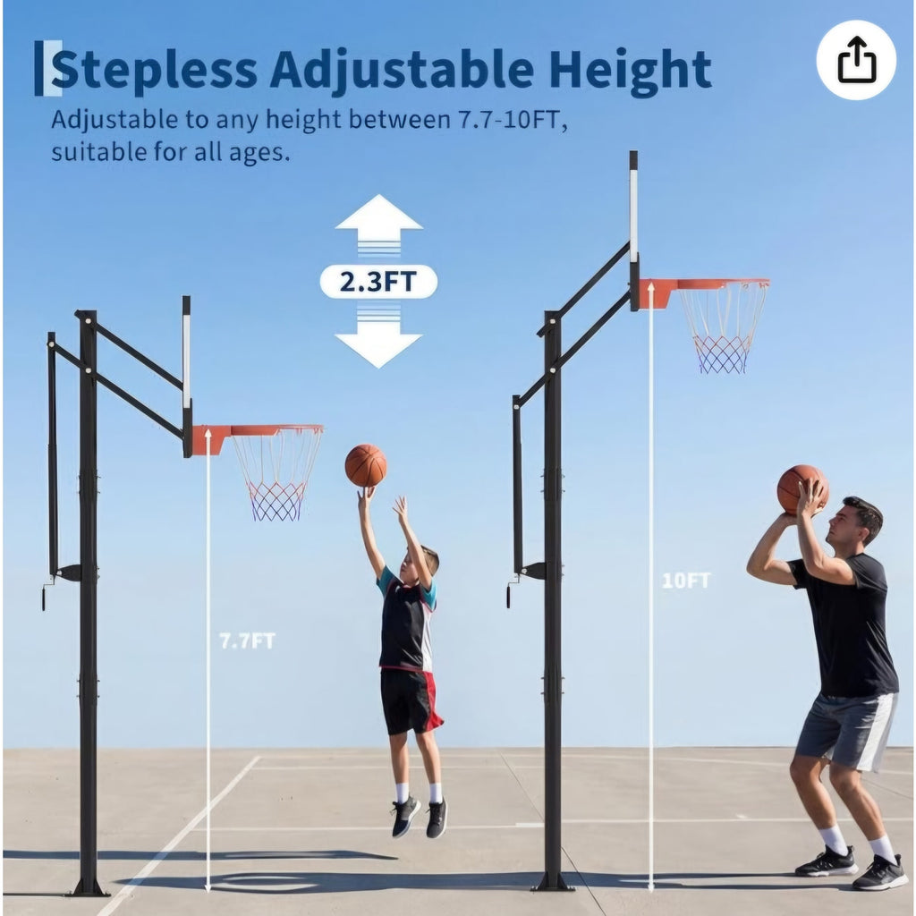 Garvee 54 Inch In Ground Basketball Hoop Outdoor 7.7-10FT Adjustable Height with Crank