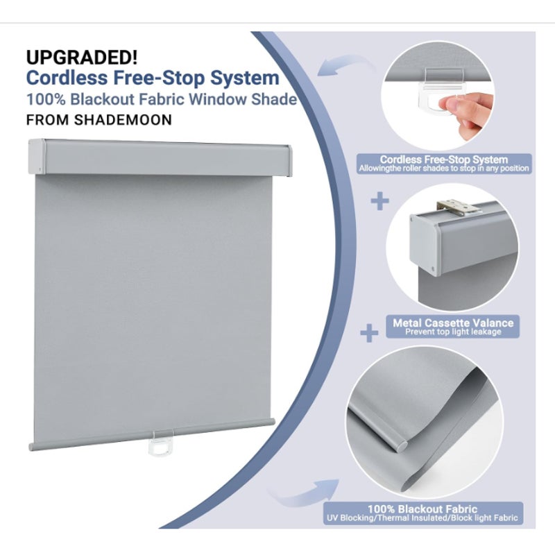 SHADEMOON Blackout Cordless Roller Window Shades,Grey,13" W x 72" H Free-Stop System with Valance
