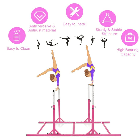 Costzon Double Horizontal Bars, Junior Gymnastic Training Parallel Bars w/11-Level 38-55" Adjustabl
