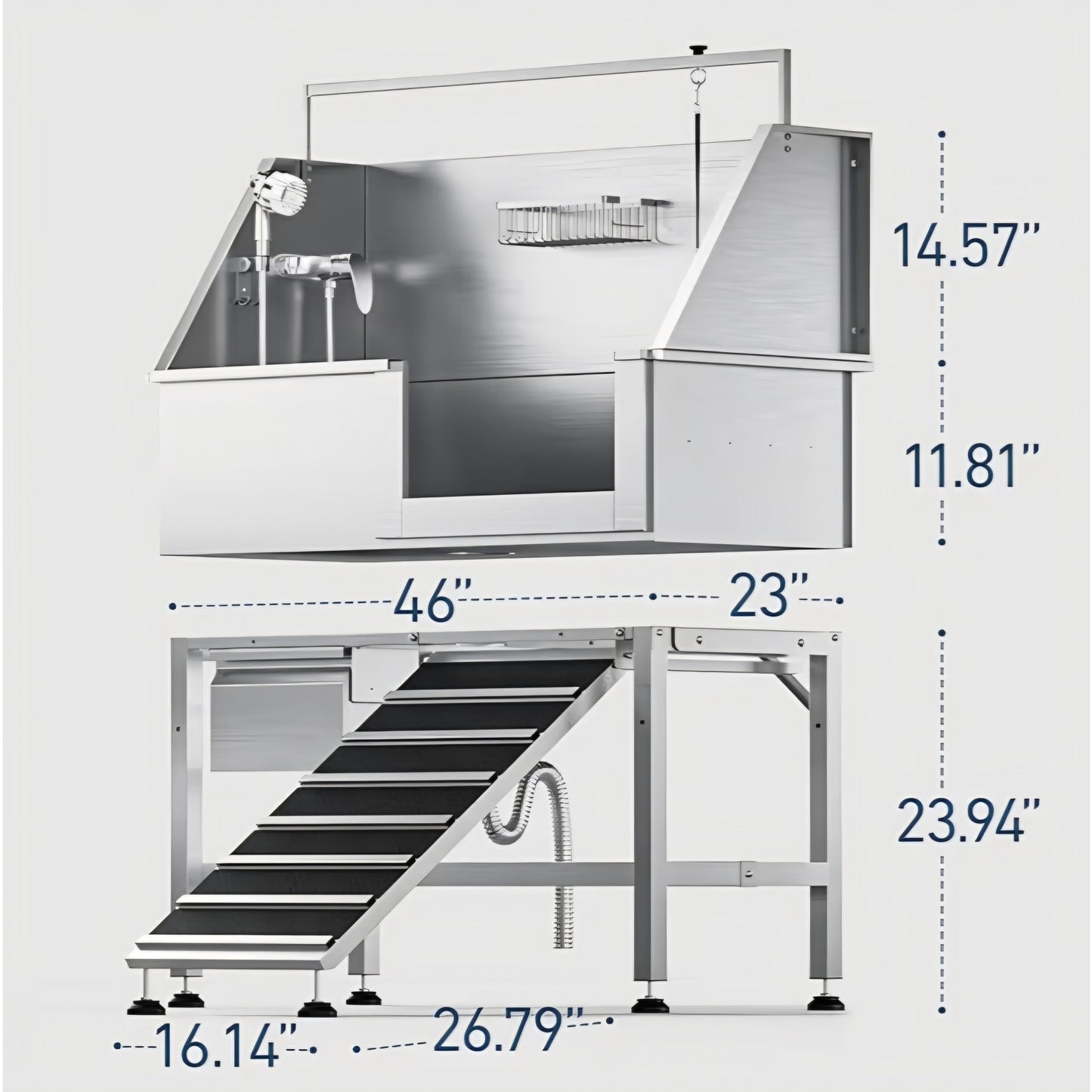 46" Heavy Duty Dog Washing Station - 304 Stainless Steel Pet Bathing Tub with Right Side Ramp