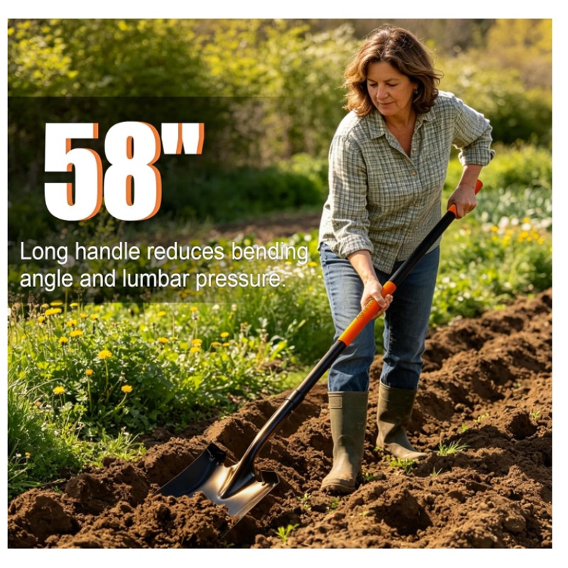 Square Shovel for Digging, Heavy Duty Metal Shovel with Long Fiberglass Handle