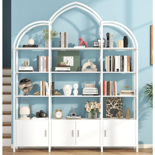 Semoic Arched Bookshelf and Bookcase with 3 Cabinets, Triple Wide 5 Tier Standing Book Shelf,