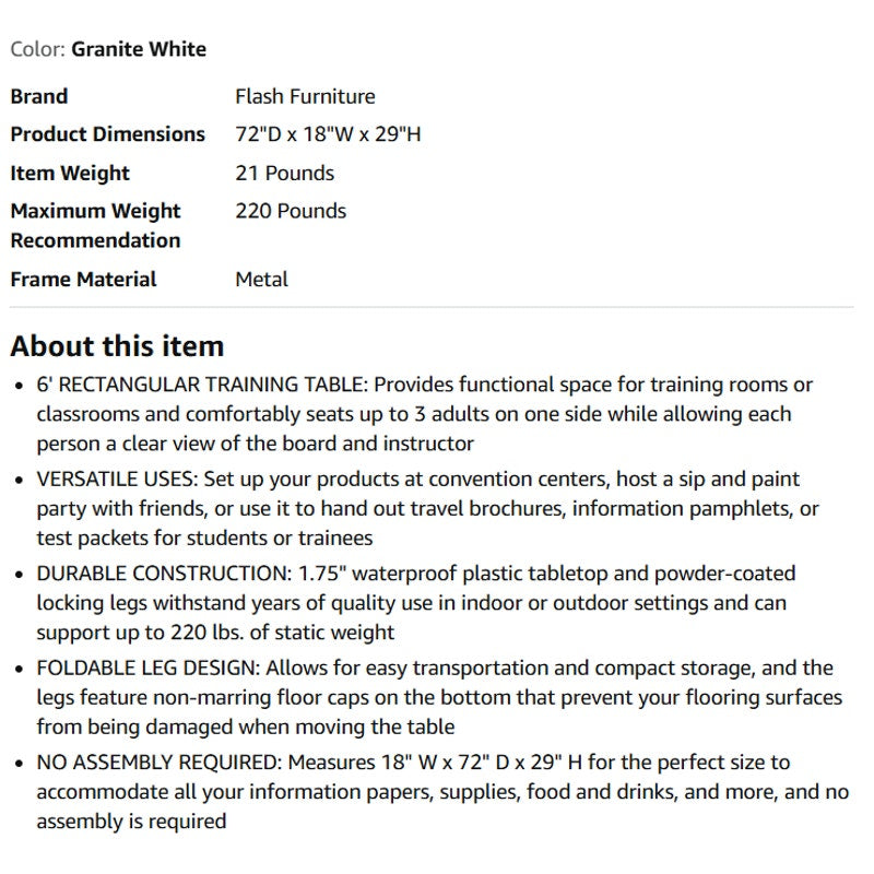 Flash Furniture Elon, Rectangular Folding Training Table, 220-lb, White. 18"Wx72"L
