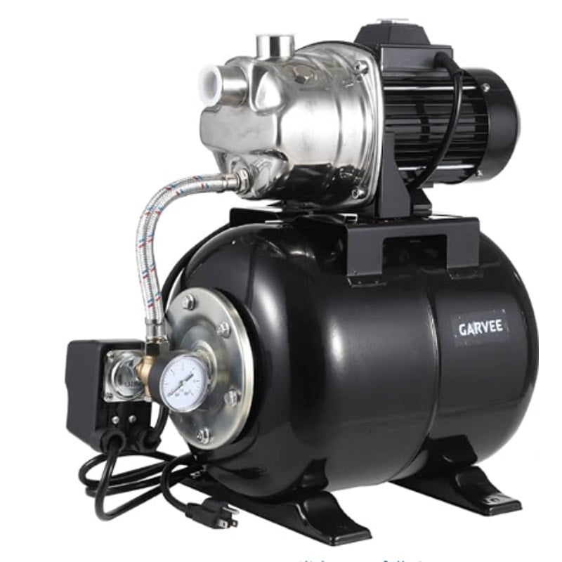 1 HP Shallow Well Jet Pump with 5-Gallon Pressure Tank – Stainless Steel, 130ft Lift, 20ft Suction