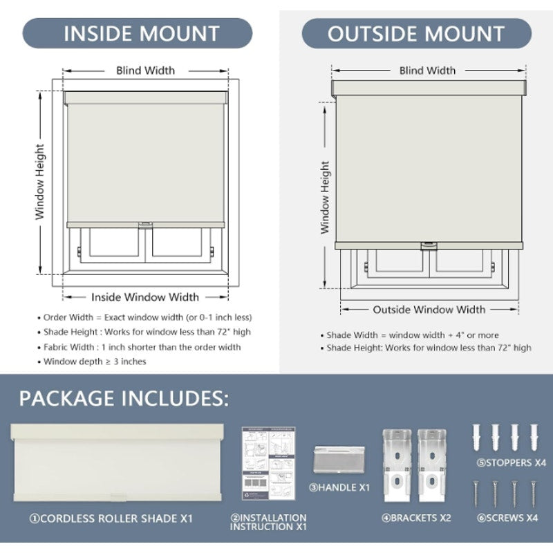 AOSKY Cordless Blackout Roller Shades, 59" W x 72" H, Ivory