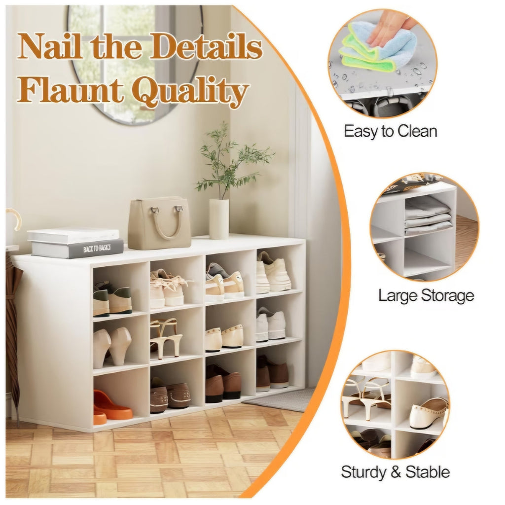 12-Cubby Shoe Rack, 3-Tier Wood Shoe Organizer, Multifunctional Shoe Organizer Bench for Entryway