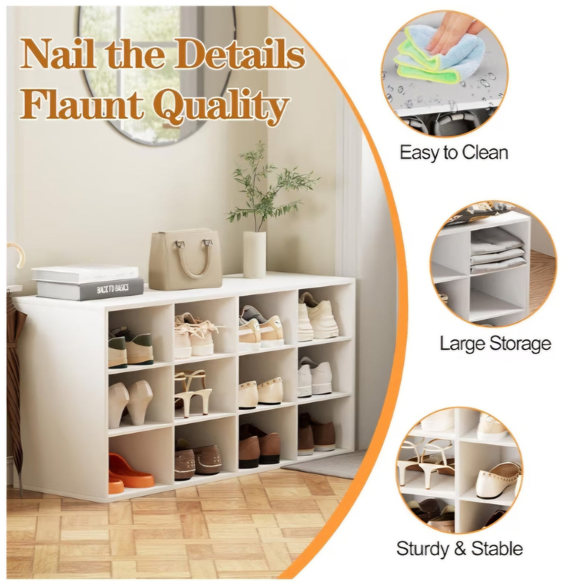 12-Cubby Shoe Rack, 3-Tier Wood Shoe Organizer, Multifunctional Shoe Organizer Bench for Entryway